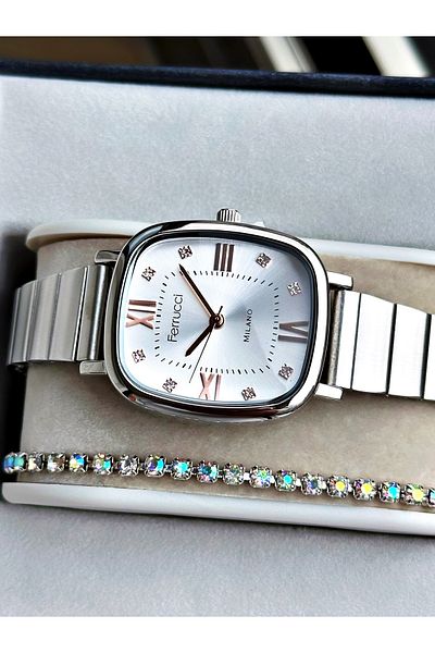 Ferrucci Gold Color Square Model Roman Numeral Stylish Design Women's Wristwatch + Bracelet