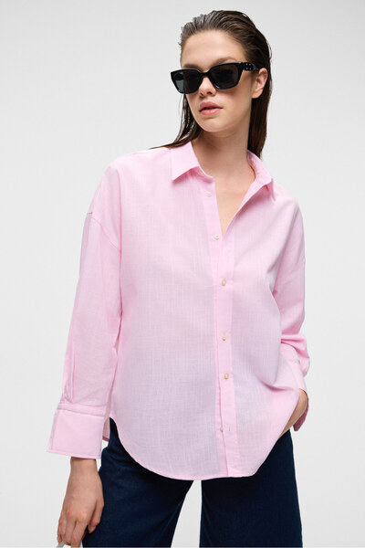 GRIMELANGE VESTA Kadın %100 Pamuk Keten Görünümlü Flamlı Oversize Pembe Gömlek