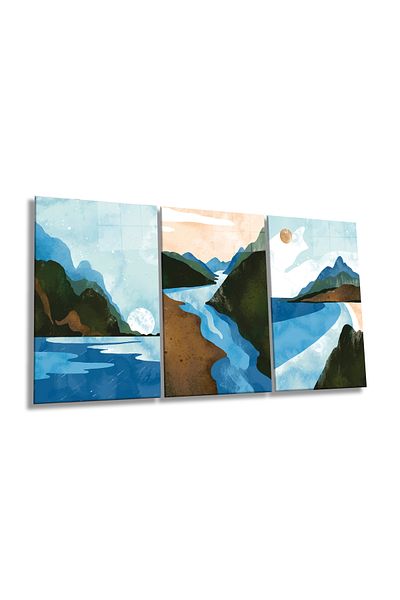 Rosyvien Set de 3 piese de pictură pe sticlă, peisaj natural de munte și mare abstract, decor de perete pentru casă și birou, cadou de lux