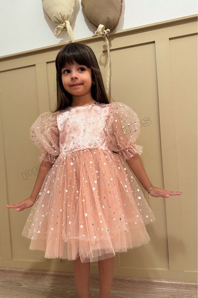 penu baby kids Powder Glossy Satin Above Starry Skirt Plain Tulle Above Starry Tulle Balloon Short Sleeve Girl's Dress