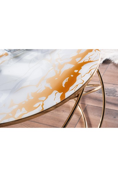 Puklife Gezegen Orta Sehpa Gold Renk Metal Ayak Beyaz Mermer Desenli Kırılmaz Cam