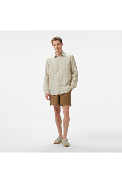 Nautica Erkek Bej Classic Fit Çizgili Keten Gömlek