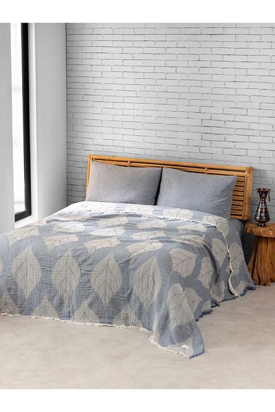 MYLASA HOME Muslin 4 Layer Large Leaf Patterned (Jacquard) Double Bedspread-Summer Pique 240X260Cm