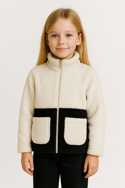 freemen Sports Girl Sports Kids Plush Ecru Black Pocket Zippered Welsoft Coat