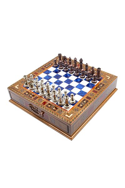 GGS GrandGiftStore High Quality Blue Handcrafted Chess Set with Wooden Drawer Chess and Classic Metal Pieces