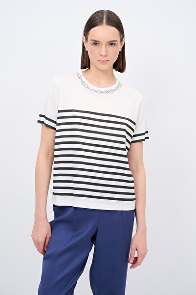 Love My Body Yakası Taş Detaylı Çizgili Tişört