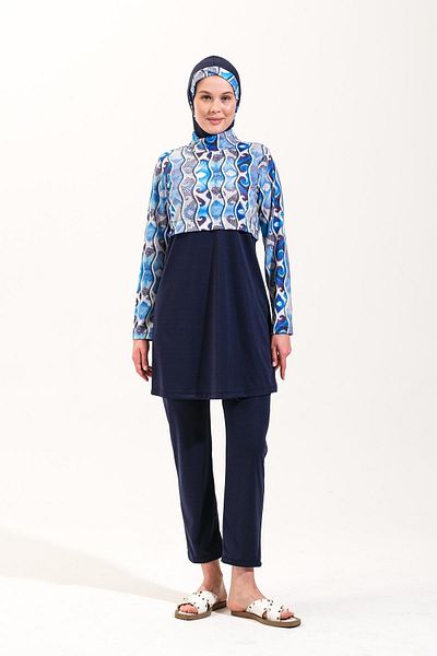 Plistre 2156_Women Patterned Full Covered 3 Piece Set Sea/Pool Hijab Swimsuit