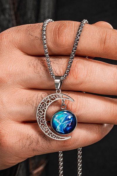 OSMANLI GÜMÜŞ Lunara Steel Moon Figured Cosmic Stone Men's Necklace Polo Chain Tarnish Stainless Steel