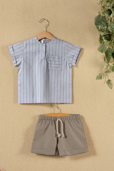 Montisu Baby Boy Gray Striped Shirt and Shorts Set – Summer Linen Look Set of Two, 100% Cotton