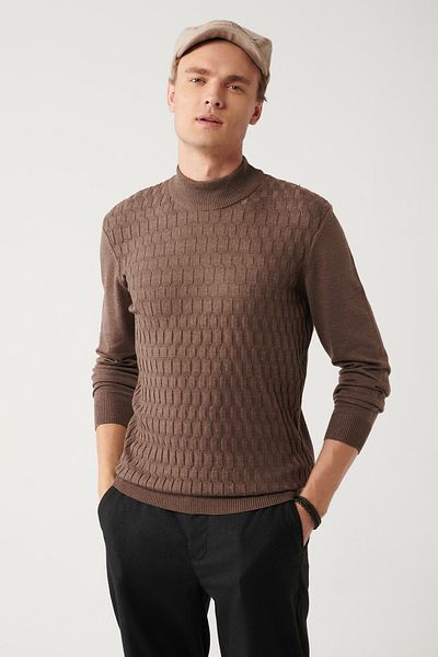 Avva Férfi világosbarna fél garbós pamut kötöttáru pulóver E 005106