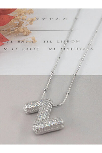 İNN JEWELLERY Kararmaz Çelik Zirkon Taşlı Balon Kolye-Gümüş Renk