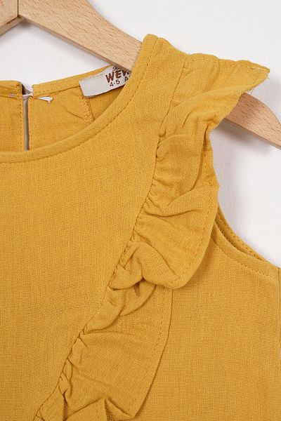 zepkids Zero Sleeve Front and Hem Ruffle Detailed Mustard Color Girls Shorts Suit
