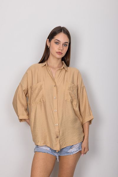 stilsepeti Women Beige Double Pocket Fakir Sleeve Bodrum Fabric Summer Shirt Tll-10005690147