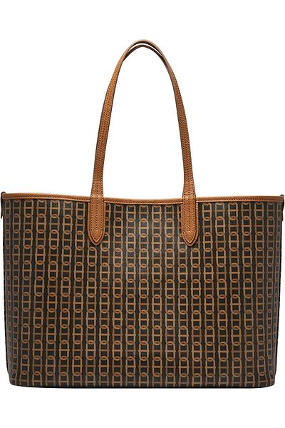Fossil Women's Williamson Coated Canvas Tote Purse Handbag, Brown Chain Print