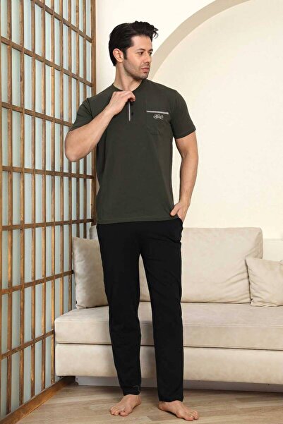 ALİMER Ανδρικό Σετ Πιτζάμες - Πράσινο Αρματωμένο 3-συσκευασία Κεντημένο ελαστικό ύφασμα κοντομάνικο χτενισμένο βαμβάκι 1103