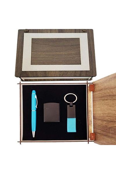 aksuticaret Blue Pen Keychain and Lighter Set with Special Wooden Box