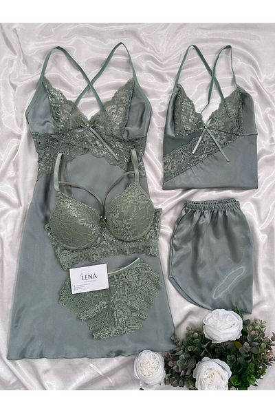 Lena Homewears Set de 5 cămăși de noapte și sutien pentru femei din satin
