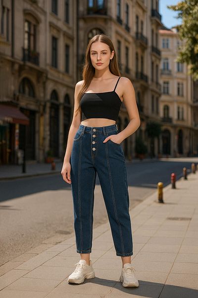 BANNY JEANS Pantaloni de damă cu nasturi cu talie înaltă, albastru închis