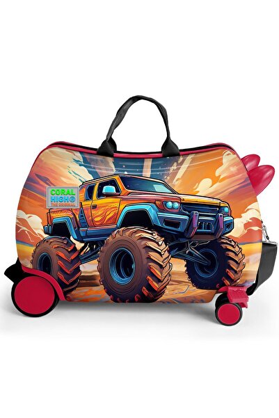 Coral High Kids Turuncu High Wheels Truck Desenli Otur-çek Binilebilir Çocuk Valizi 16365