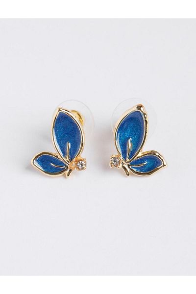 Jimmy Key Blue Enamel Detailed Butterfly Figured Earrings