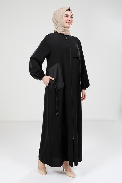 Beyza Saten Garnili Siyah Ferace 9203