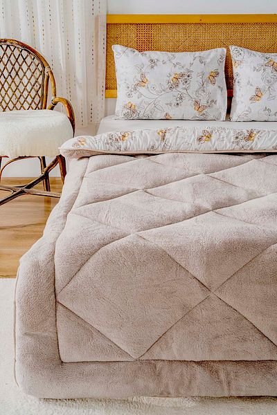 Rivaİstanbul Beige Butterfly Loura Double Double Sided Luxury Wellsoft Quilt Set 195X215 cm