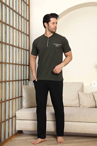 ALİMER Ανδρικό Σετ Πιτζάμες - Πράσινο Αρματωμένο 3-συσκευασία Κεντημένο ελαστικό ύφασμα κοντομάνικο χτενισμένο βαμβάκι 1103