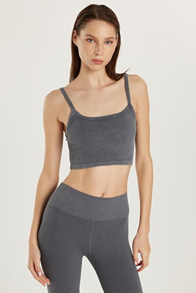 Tudors Women's Slim Fit Square Neck Plain Basic Gray Crop Tank Top