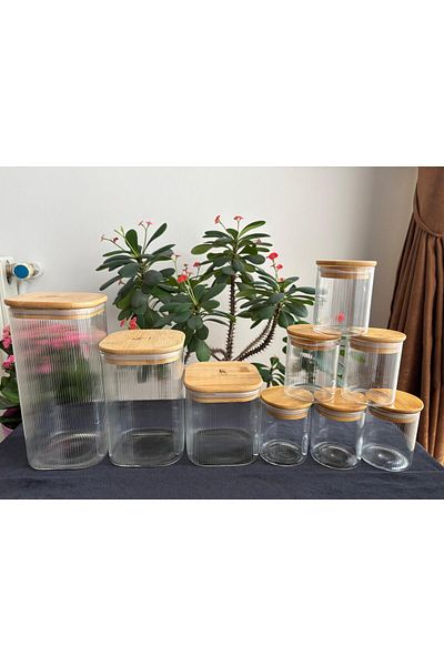 DİBA AVM 9Pcs Glass Jar Bamboo Vacuum Lids Jar Spice Canister Sugar Bowl Pulses Storage Jar