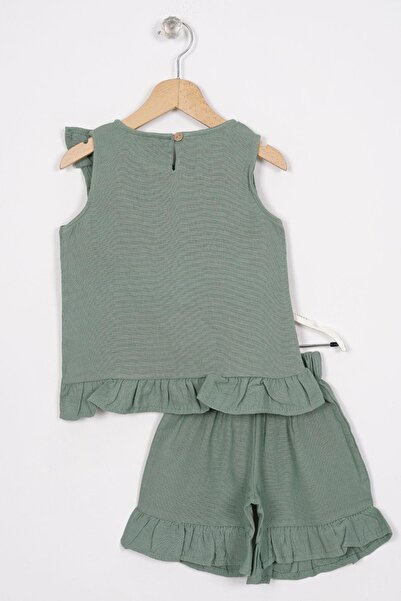 zepkids Zero Sleeve Front and Hem Ruffle Detailed Green Color Girl's Shorts Suit