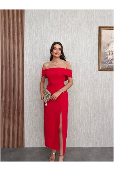 ESRAHELVACI Red Low-cut Slit Dress