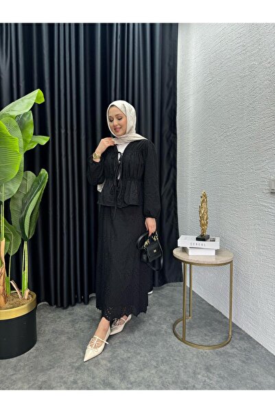 MEYSADESİGN Bow Tie-Up Scallop Skirt Suit Black