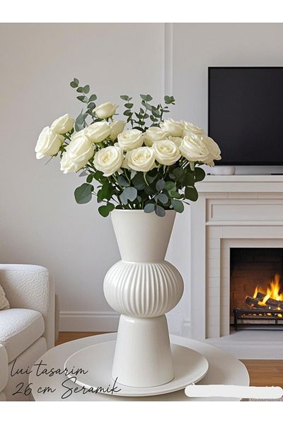 Lui Tasarım Long White Bohemian Large Size Ceramic Nordic Style White Simple Nordic Style Vase Ceramic 25cm