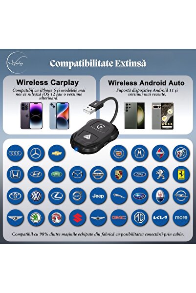 e-Wantay Adaptor wireless e-Wantay® CarPlay și Android Auto 2 în 1, USB/Type-C, Plug & Play, Conectare automată
