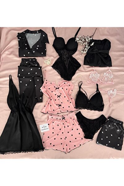 MH Moony Homewears 12 Parça Kutulu Patissetie Saten Pijama Gecelik İç giyim Ç...
