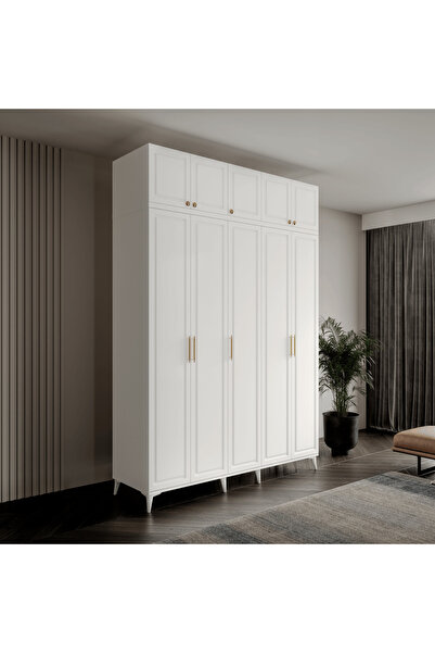GuneyStore Ücretsiz Montaj Milas Gold 5 Kapaklı Komple MDF Ayaklı Yüklüklü Gardırop