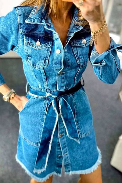 FashionForYou Rochie de vară asimetrică Mera, denim, cu șnur și mâneci lungi, Albastru, S