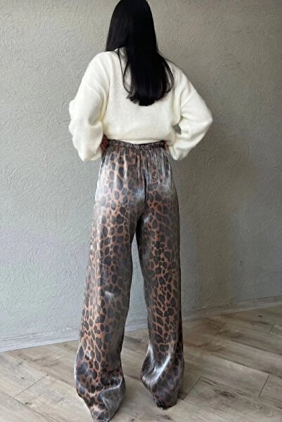 Funda Özbek Hnědé plně strečové kalhoty s leopardím vzorem a elastickým pasem