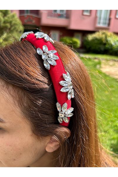 ByMerve Evening Dress Women's Graduation Henna Slim Model Chandelier Stone Red Crown Hair Accessory