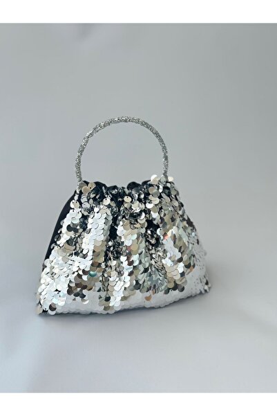 posst bag Τσάντα βραδινού φορέματος από ασημί παγιέτες μαύρο σατέν