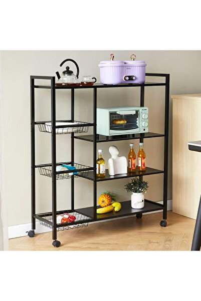 Viyogo Metal shelf with 4 shelves and 3 storage baskets, portable, 90(L) x 32(w) x 108(H) cm, black