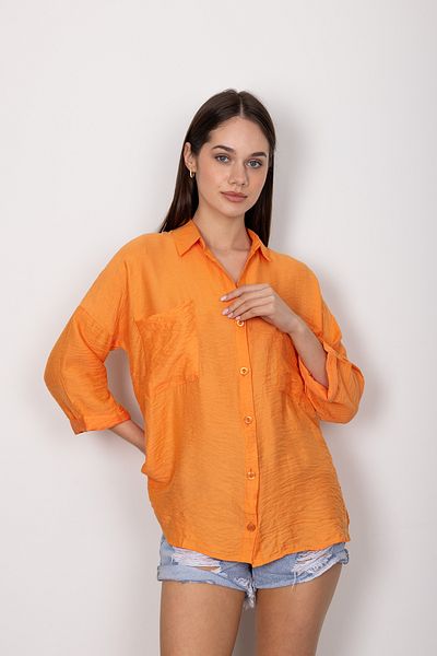 Stil Sepeti Women's Orange Double Pocket Fakir Sleeve Bodrum Fabric Summer Shirt Tll-10005690147
