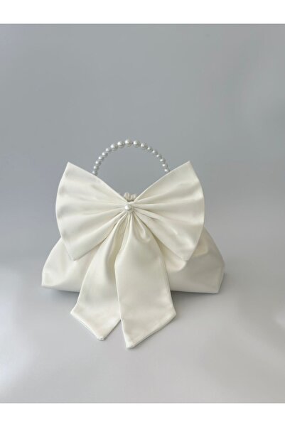 posst bag Τσάντα βραδινού φορέματος με φιόγκο και πέρλες σε ανοιχτό λευκό χρώμα