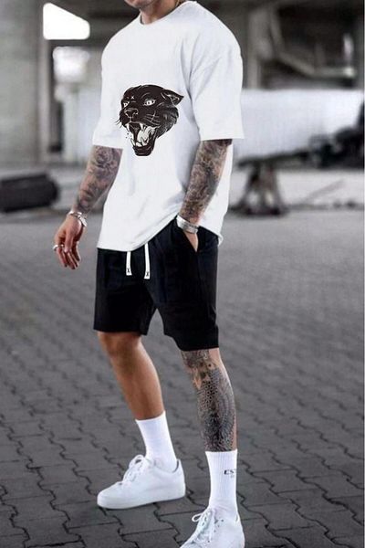 NO 601 Men's White Tiger Printed Oversize Tshirt Black Short Set
