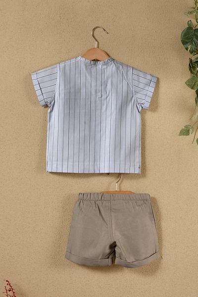 Montisu Baby Boy Gray Striped Shirt and Shorts Set – Summer Linen Look Set of Two, 100% Cotton