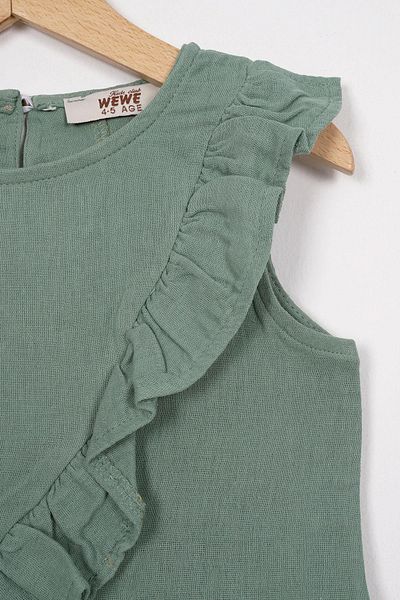 zepkids Zero Sleeve Front and Hem Ruffle Detailed Green Color Girl's Shorts Suit