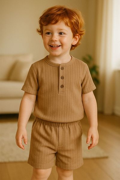 MİNYON BABY 100% Cotton Soft Textured Waffle Fabric Button Detailed T-Shirt Shorts Boys' Set