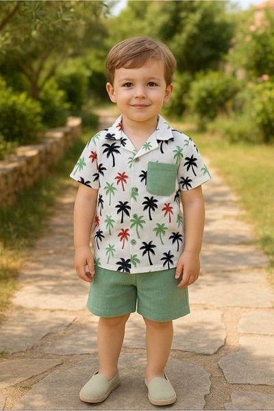 MİNYON BABY Palm Printed Pocket Shirt Bottom Top Summer Men's Set