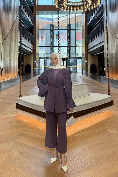 Melike Tatar Meli̇ke Tatar Sleeve Pleated Crepe Set 4002 Lilac