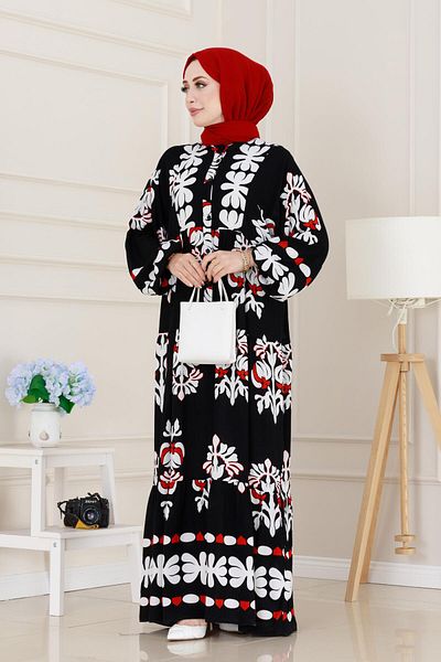 Sevitli Half Button Robe Belinay Dress-Black